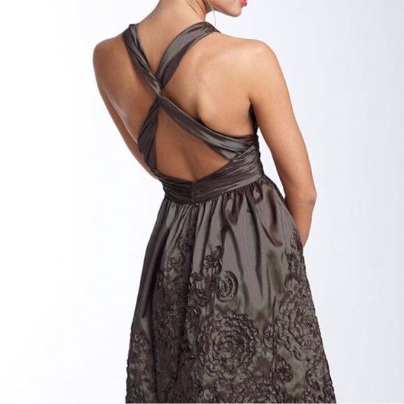 Adrianna Papell Iridescent Chocolate Brown Halter Taffeta Rosette Dress, Size 4 - Picture 2 of 16